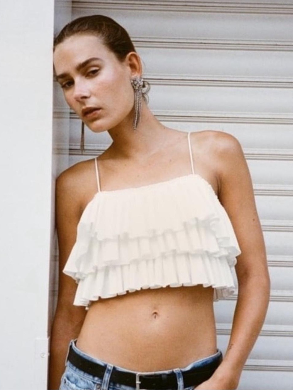 NWOT Zara Ruffled Layer Crop Spaghetti Strap Top, White – Size Small